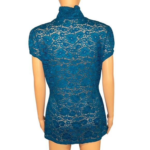 Express Sheer Lace Teal Blouse Short Sleeve Womens Size Large Stretchy High Neck - Picture 3 of 6